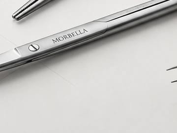 Macro of the MORBELLA laser mark on a satin steel instrument