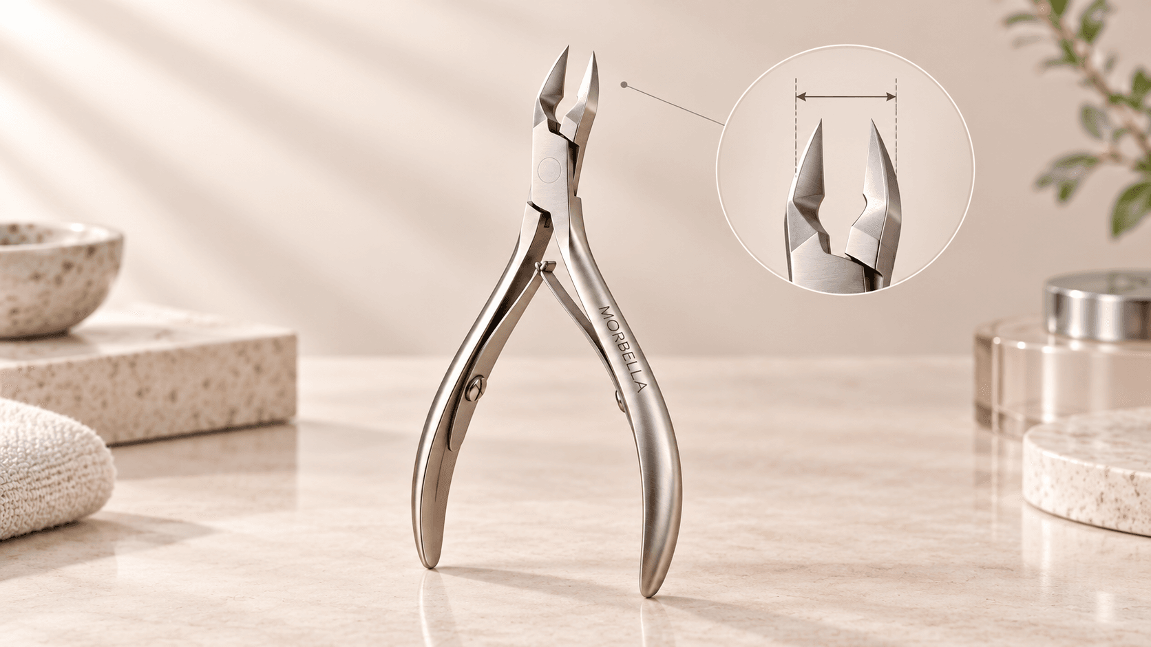 Morbella stainless cuticle nipper with a close-up of the jaw — cover for “Choosing nipper patterns for your range”