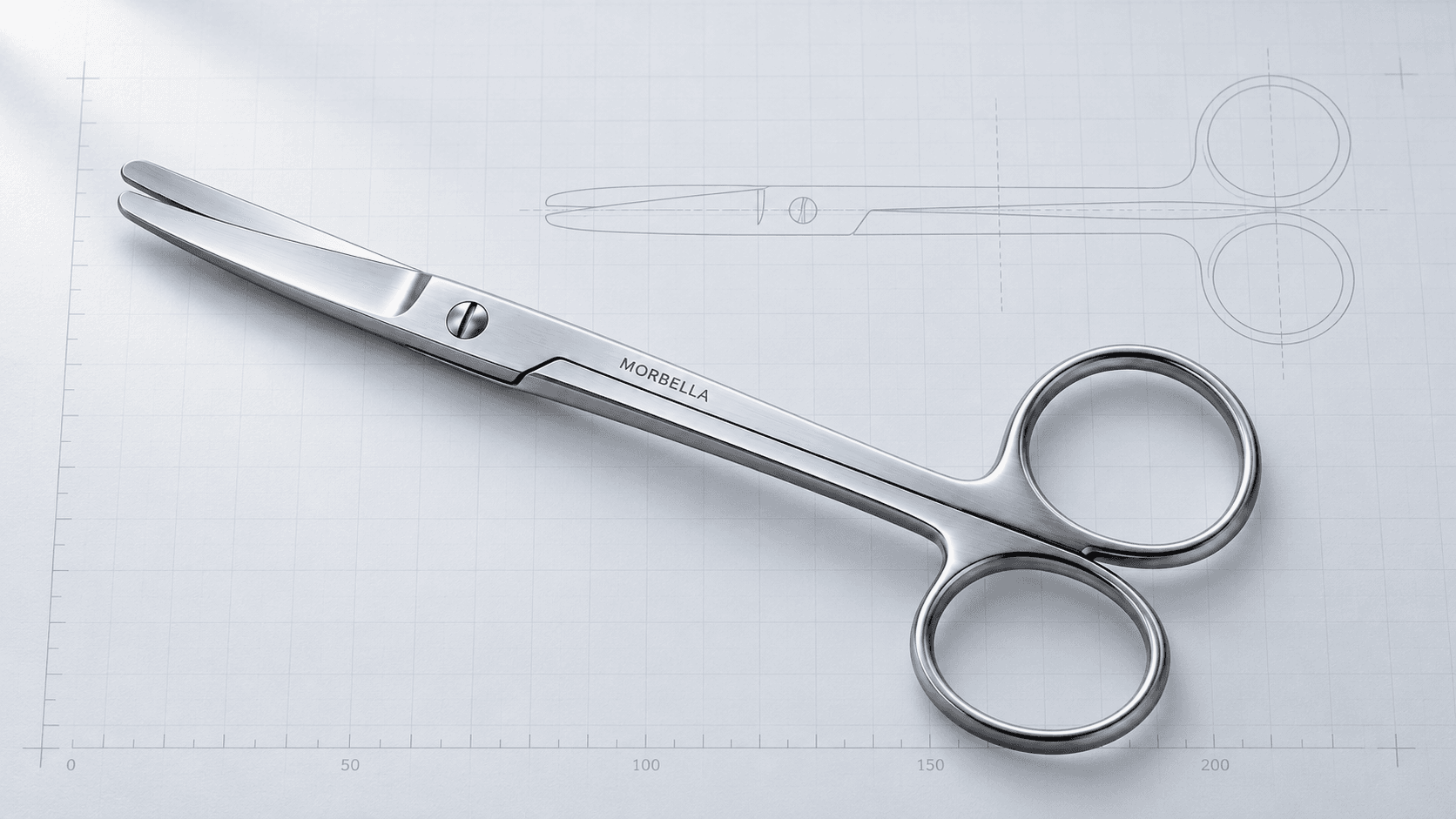 Morbella curved Mayo operating scissors over a technical scissors drawing — cover for “Surgical scissors patterns explained”