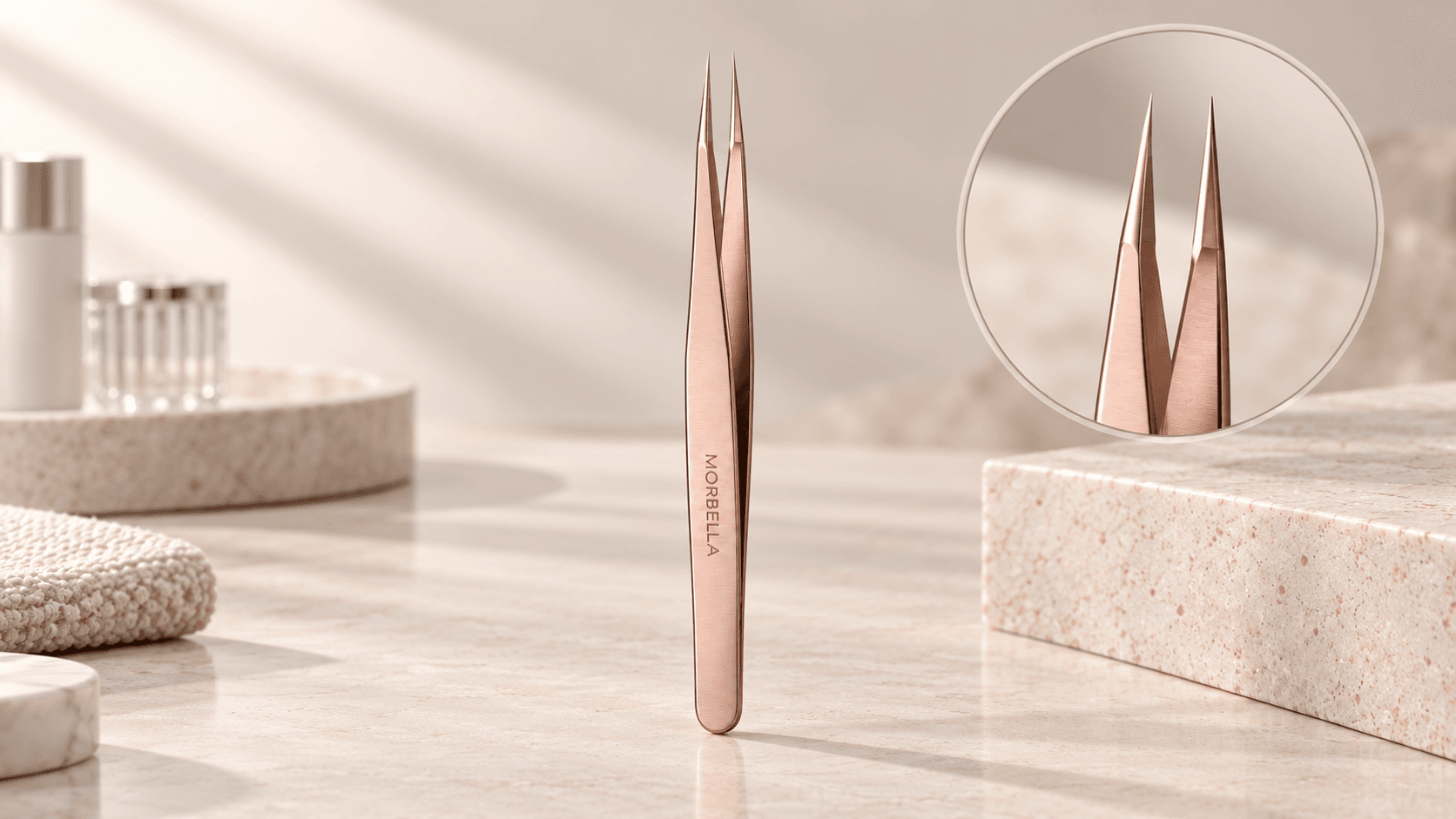Morbella point tweezers in a rose finish with a close-up of the fine tips — cover for “A buyer’s guide to tweezer tips”