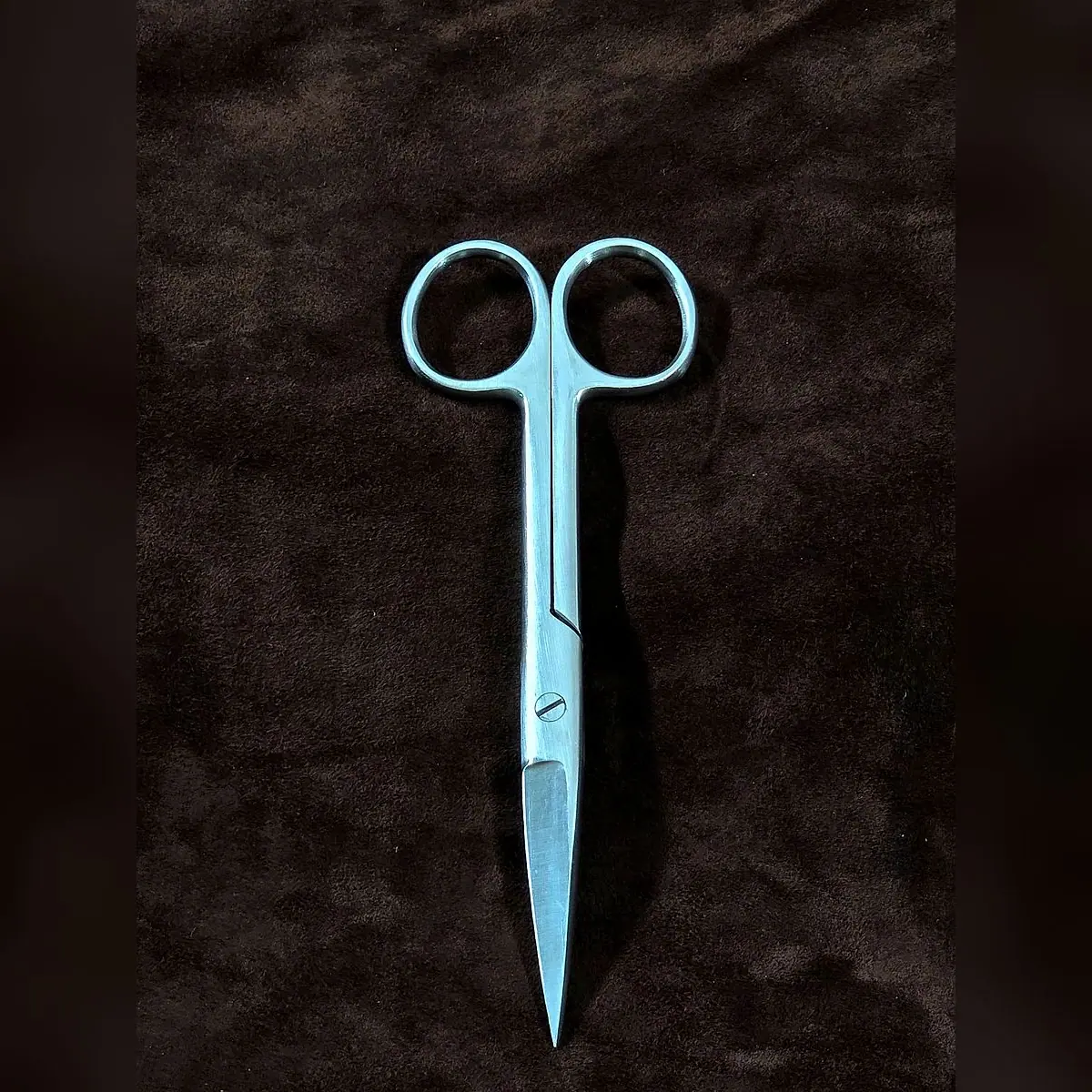 Operating Scissors Sharp/Sharp by Morbella Instruments — closed, front view, photographed at the Sialkot workshop