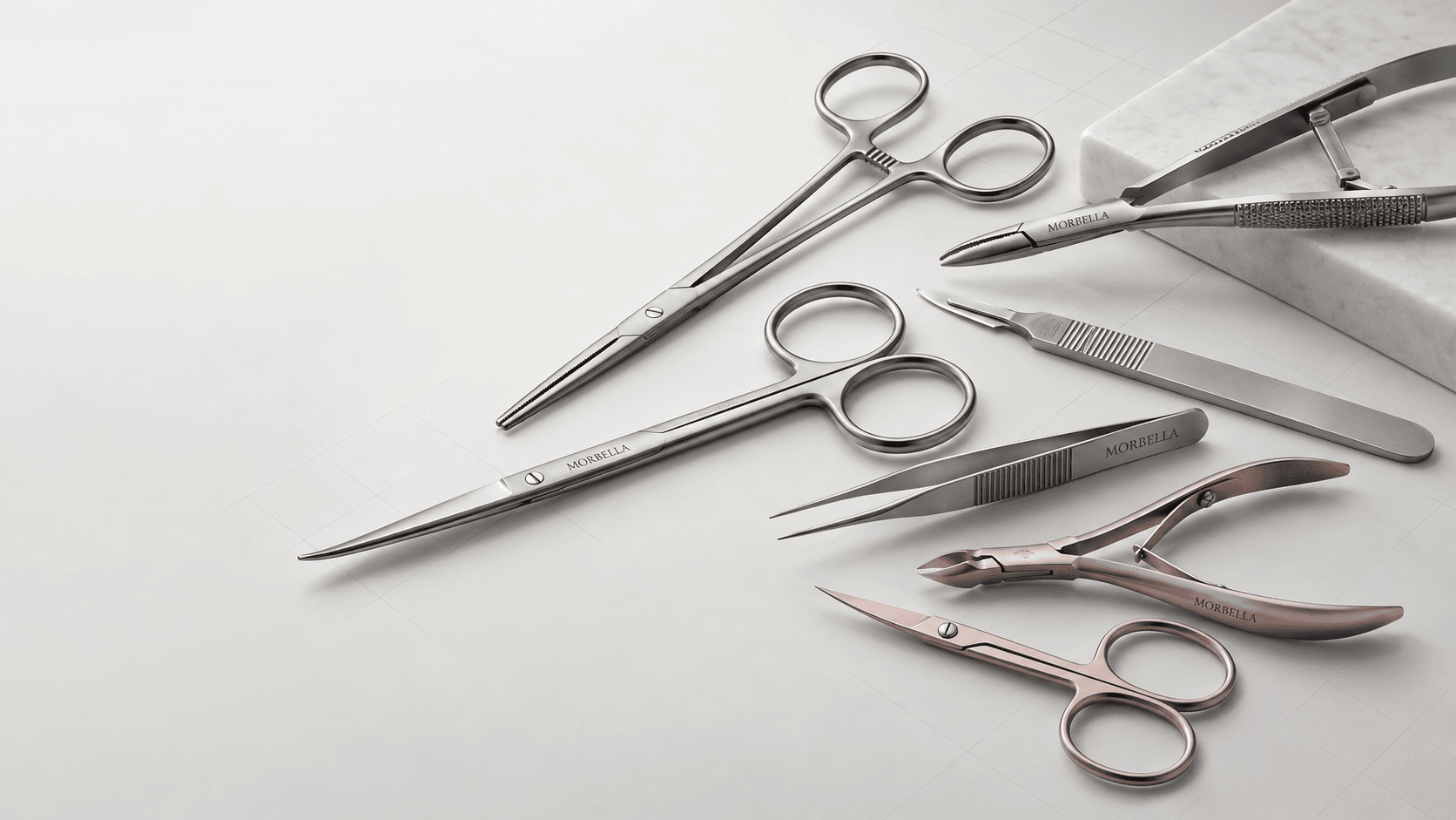 Morbella surgical steel scissors and forceps with rose-gold beauty tweezers, laser-marked MORBELLA