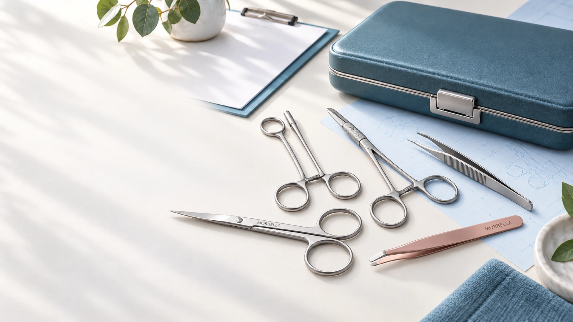Morbella surgical and beauty instruments beside an instrument case and a specification sheet